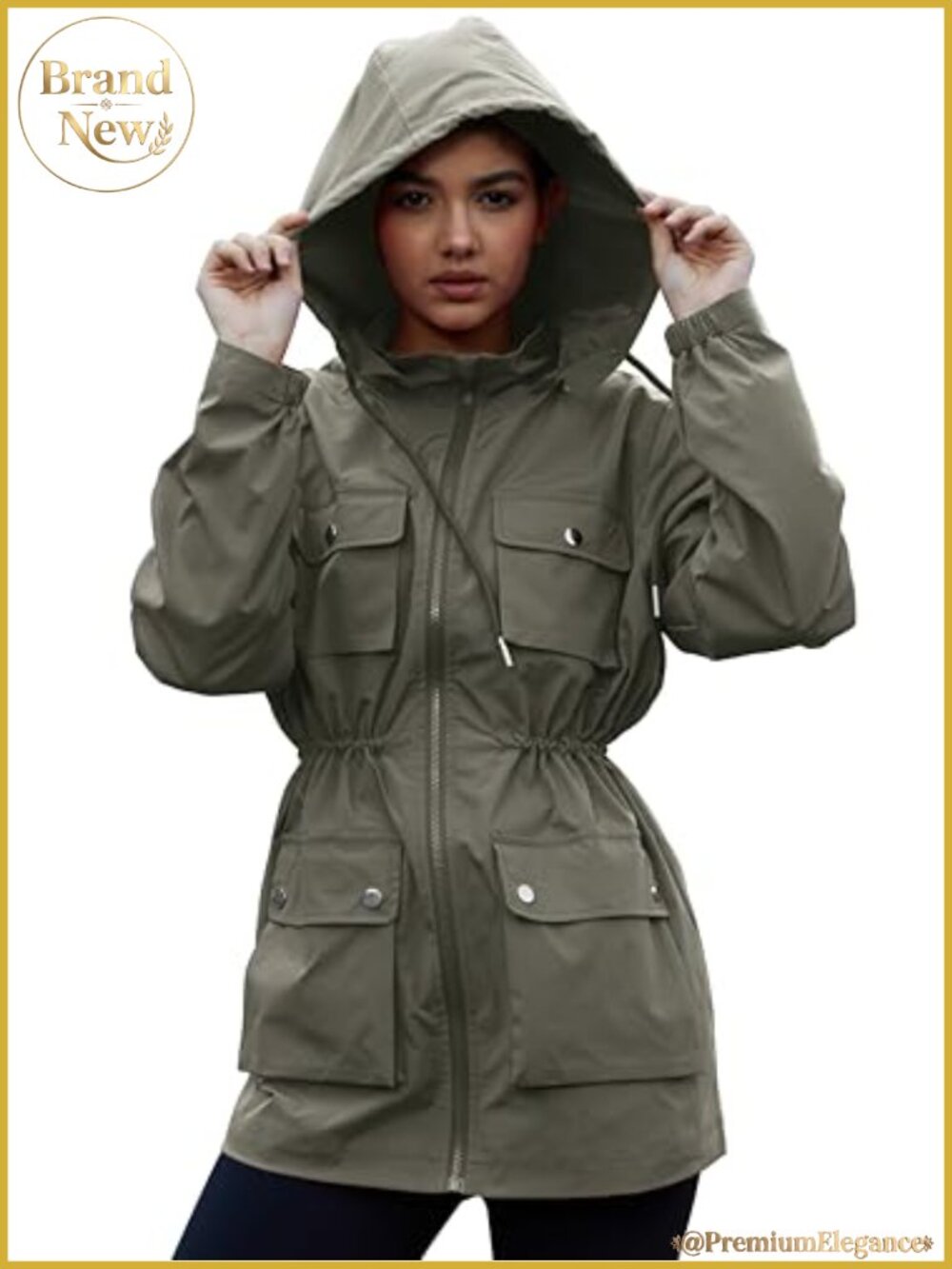 Waterproof Packable Rain Jacket Removable Hood Utility Cargo Raincoat